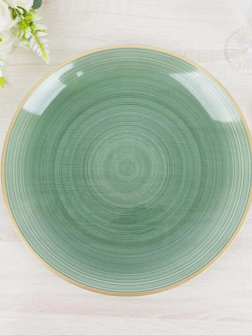 Transparent Swirl Sage Green Ceramic Dinner Plate with Gold Rim Pack Of 25